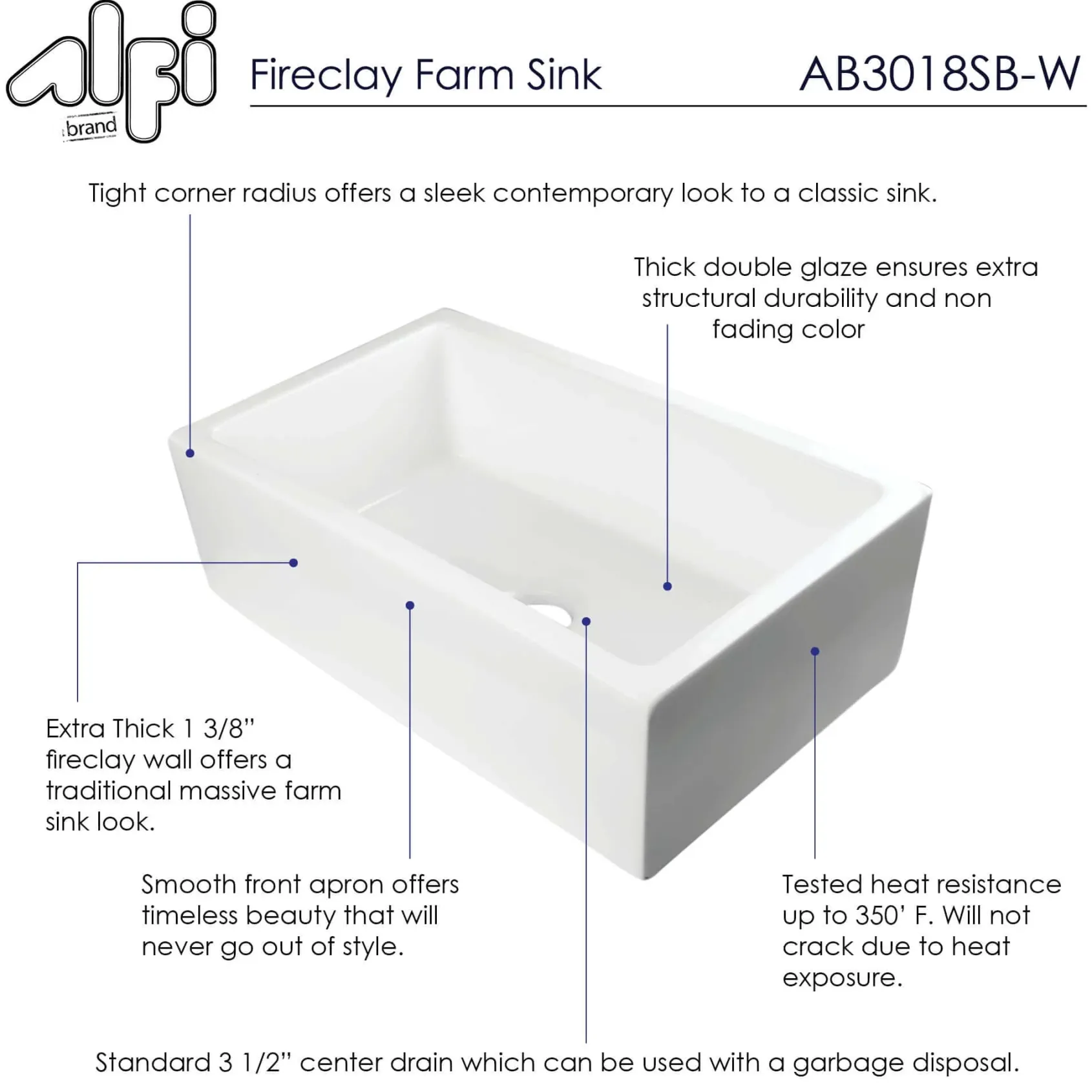 ALFI 30" Single Bowl Thick Wall Fireclay Farmhouse Apron Sink, White, AB3018SB-W