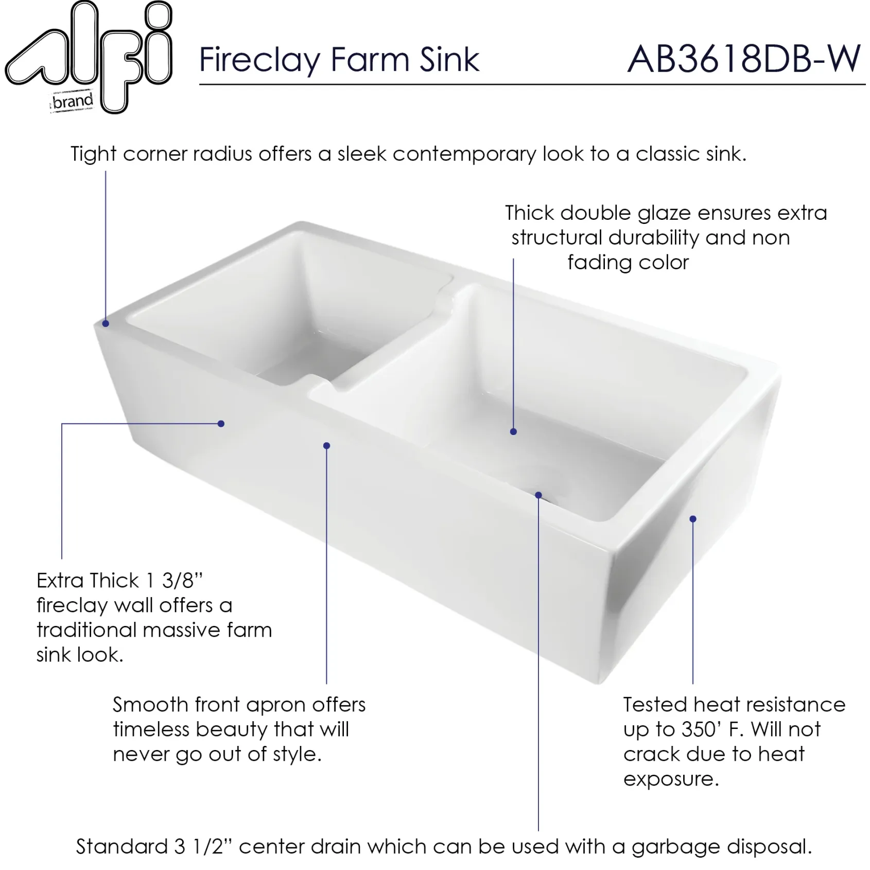 ALFI 36" Smooth Double Bowl Thick Wall Fireclay Farmhouse Sink, White, AB3618DB-W