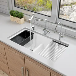 ALFI 34" Undermount Granite Composite Workstation Kitchen Sink with Accessories, 50/50 Double Bowl, White, 0 Faucet Hole, AB3418DBUM-W