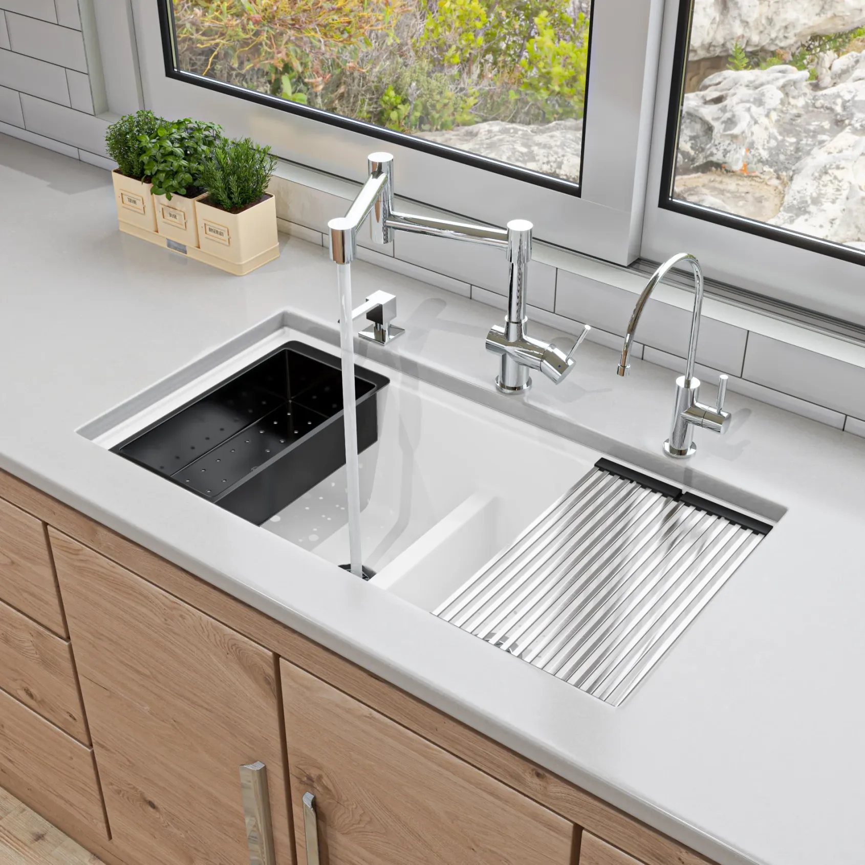 ALFI 34" Undermount Granite Composite Workstation Kitchen Sink with Accessories, 50/50 Double Bowl, White, 0 Faucet Hole, AB3418DBUM-W