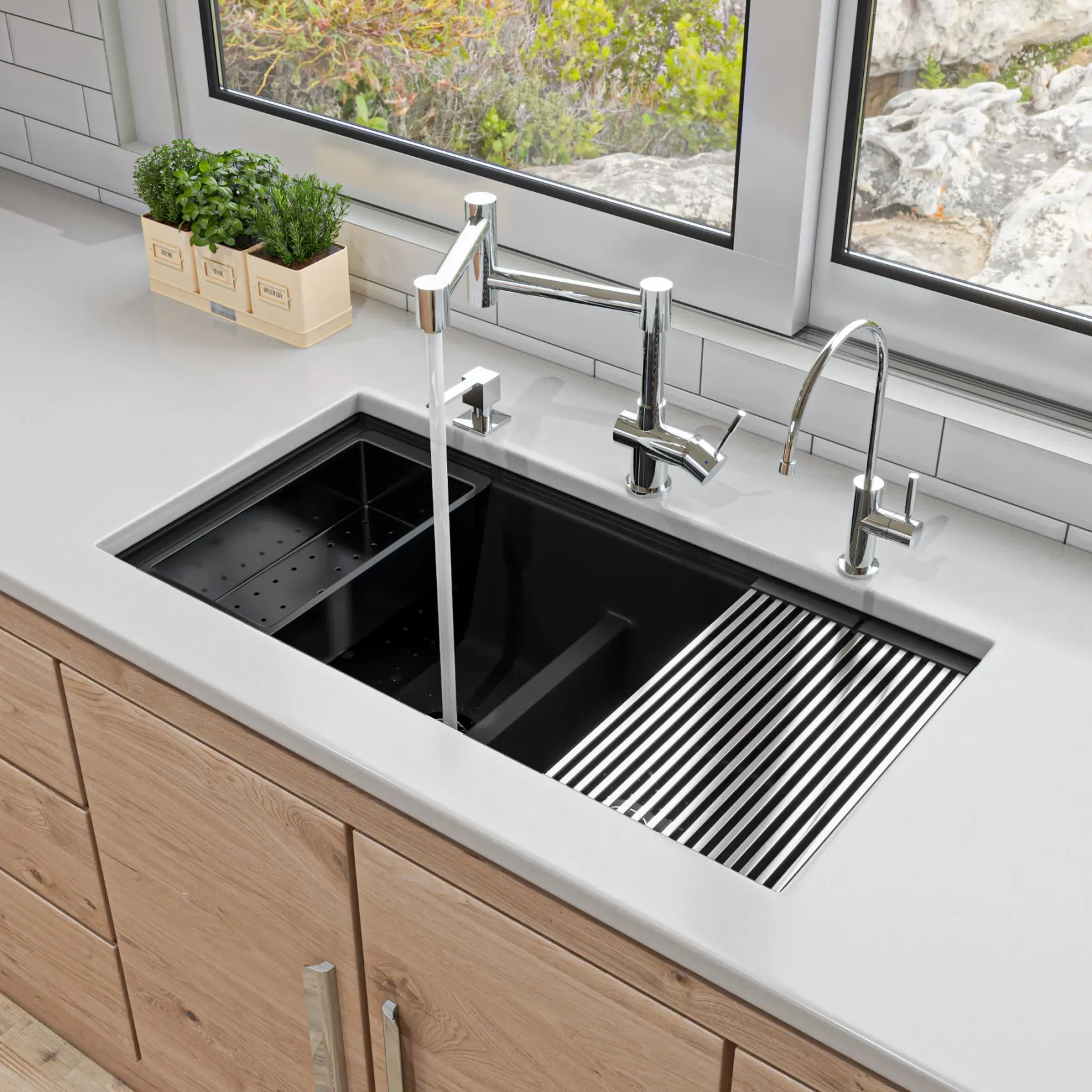 ALFI 34" Undermount Granite Composite Workstation Kitchen Sink with Accessories, 50/50 Double Bowl, Black, 0 Faucet Hole, AB3418DBUM-BLA