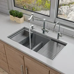ALFI 34" Undermount Granite Composite Workstation Kitchen Sink with Accessories, 50/50 Double Bowl, Titanium, 0 Faucet Hole, AB3418DBUM-T