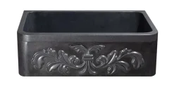 30" Black Granite Stone Farmhouse Kitchen Sink, Single Bowl, Floral Front, KF302010SB-F2-BK