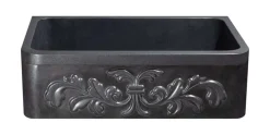 33" Black Granite Stone Farmhouse Kitchen Sink, Single Bowl, Floral Front, KF332010SB-F2-BK