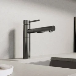 Blanco Alta II Low Arc Pull-Out Kitchen Faucet, Satin Dark Steel, 1.5 GPM, Brass, 527562