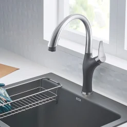 Blanco Artona 1.5 GPM Brass Kitchen Faucet, Pull-Down, Cinder/Stainless, 442033