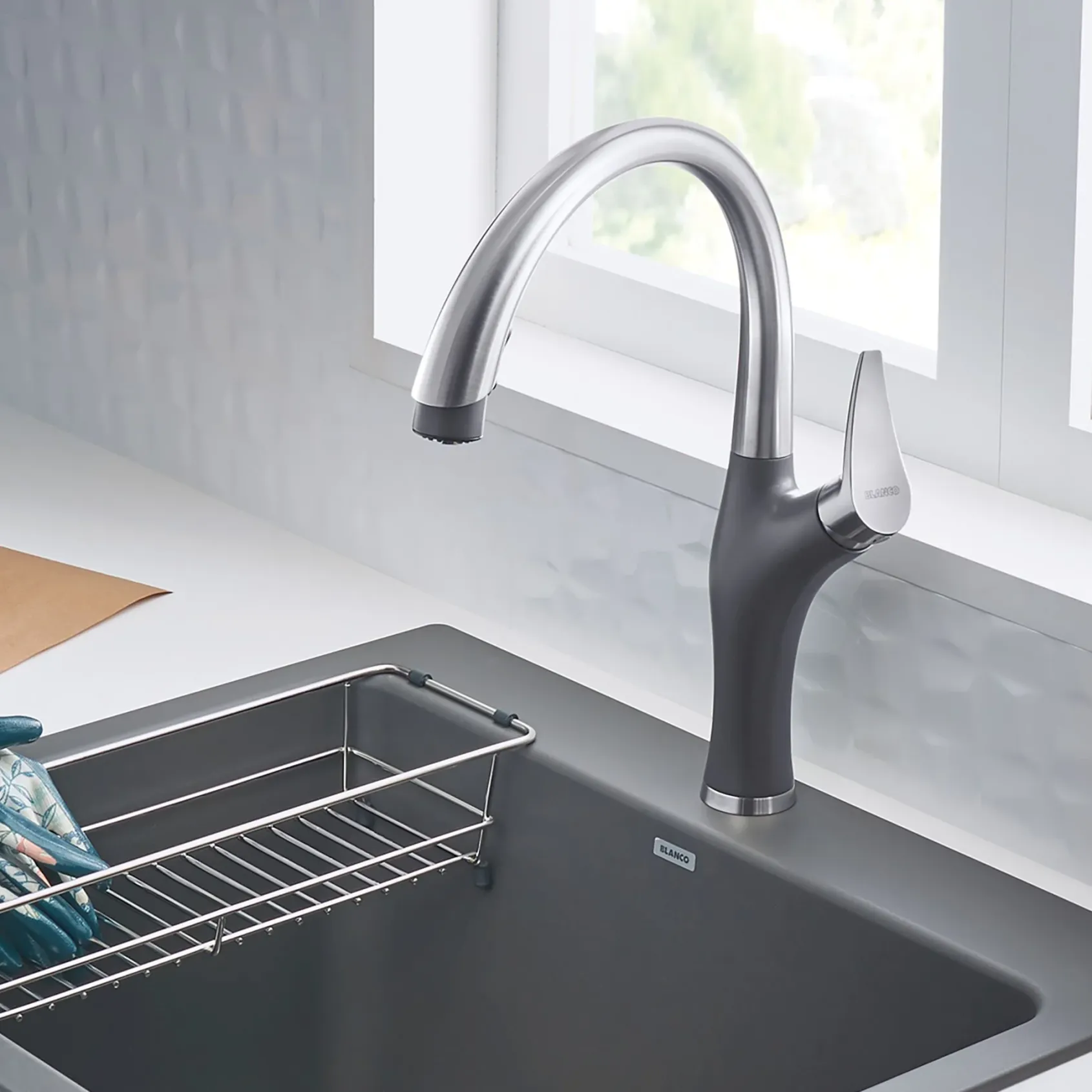 Blanco Artona 1.5 GPM Brass Kitchen Faucet, Pull-Down, Cinder/Stainless, 442033