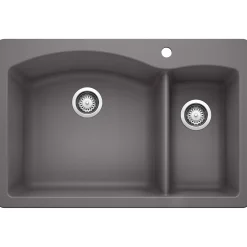Blanco Diamond 33" Dual Mount Granite Composite Kitchen Sink, Silgranit, 70/30 Double Bowl, Cinder, 441464