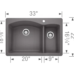 Blanco Diamond 33" Dual Mount Granite Composite Kitchen Sink, Silgranit, 70/30 Double Bowl, Cinder, 441464