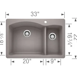 Blanco Diamond 33" Dual Mount Granite Composite Kitchen Sink, Silgranit, 70/30 Double Bowl, Metallic Gray, 440198
