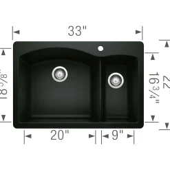 Blanco Diamond 33" Dual Mount Granite Composite Kitchen Sink, Silgranit, 70/30 Double Bowl, Coal Black, 442907
