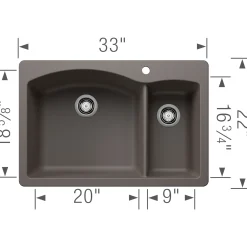 Blanco Diamond 33" Dual Mount Granite Composite Kitchen Sink, Silgranit, 70/30 Double Bowl, Volcano Gray, 443099