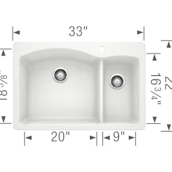 Blanco Diamond 33" Dual Mount Granite Composite Kitchen Sink, Silgranit, 70/30 Double Bowl, White, 440200