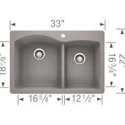 Blanco Diamond 33" Dual Mount Granite Composite Kitchen Sink, Silgranit, 60/40 Double Bowl, Metallic Gray, 440214
