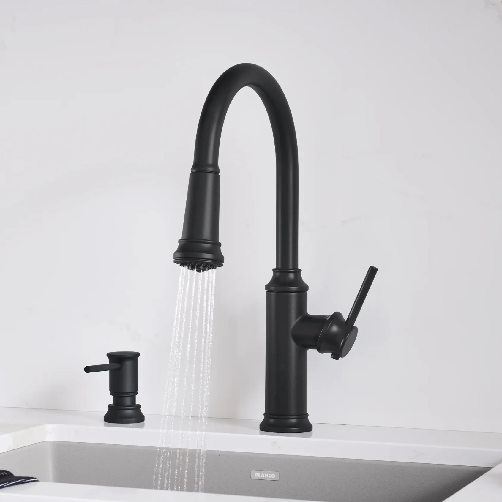 Blanco Empressa High Arc Pull-Down Dual-Spray Kitchen Faucet, Matte Black, 1.5 GPM, Brass, 443023