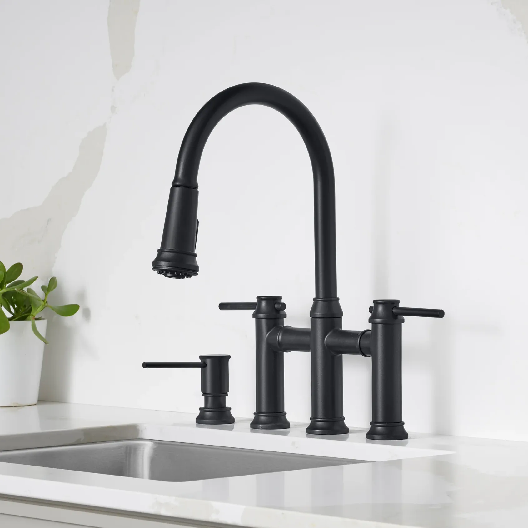 Blanco Empressa Pull-Down Dual-Spray Bridge Faucet, Matte Black, 1.5 GPM, Brass, 443024