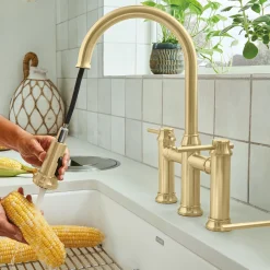 Blanco Empressa Pull-Down Dual-Spray Bridge Faucet, Satin Gold, 1.5 GPM, Brass, 442981