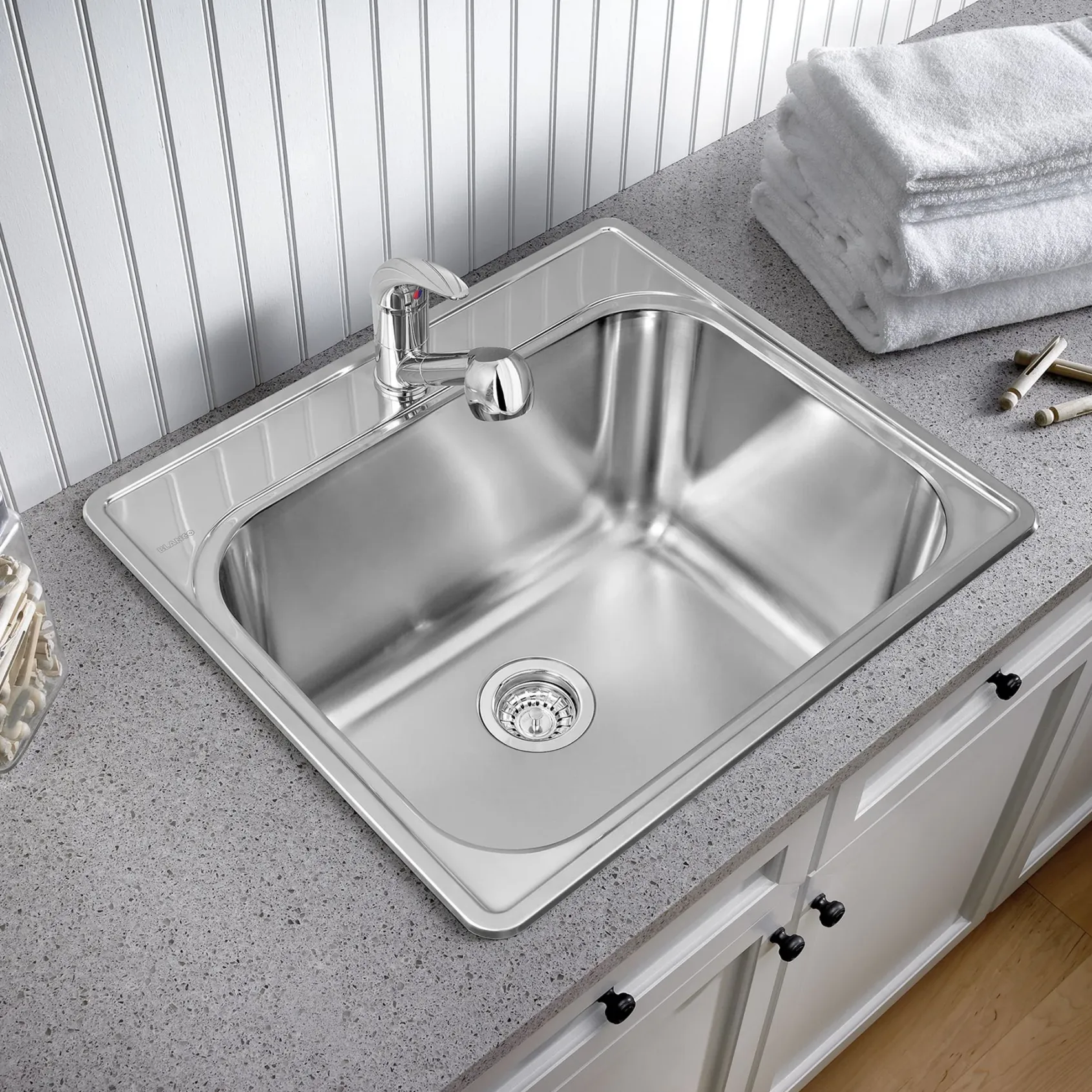 Blanco Essential 25" Drop In/Topmount Stainless Steel Laundry Sink, 20 Gauge, Brushed Finish, 441078
