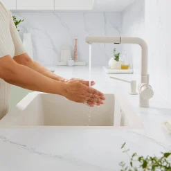 Blanco Linus Low Arc Pull-Out Dual-Spray Kitchen Faucet, Soft White, 1.5 GPM, Brass, 526963