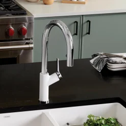 Blanco Urbena 1.5 GPM Brass Kitchen Faucet, Pull-Down, White/Chrome, 526391