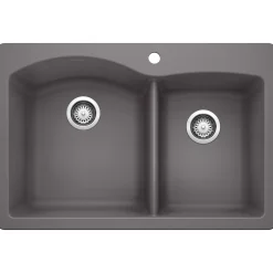 Blanco Diamond 33" Dual Mount Granite Composite Kitchen Sink, Silgranit, 60/40 Double Bowl, Cinder, 441465