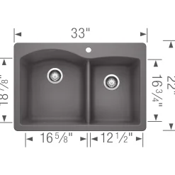 Blanco Diamond 33" Dual Mount Granite Composite Kitchen Sink, Silgranit, 60/40 Double Bowl, Cinder, 441465