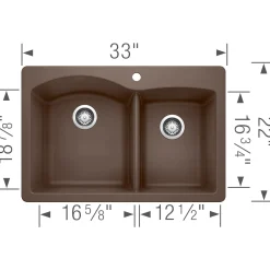 Blanco Diamond 33" Dual Mount Granite Composite Kitchen Sink, Silgranit, 60/40 Double Bowl, Cafe, 440213