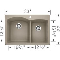 Blanco Diamond 33" Dual Mount Granite Composite Kitchen Sink, Silgranit, 60/40 Double Bowl, Truffle, 441283