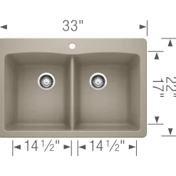 Blanco Diamond 33" Dual Mount Granite Composite Kitchen Sink, Silgranit, 50/50 Double Bowl, Truffle, 441285