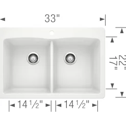Blanco Diamond 33" Dual Mount Granite Composite Kitchen Sink, Silgranit, 50/50 Double Bowl, White, 440221