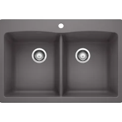 Blanco Diamond 33" Dual Mount Granite Composite Kitchen Sink, Silgranit, 50/50 Double Bowl, Cinder, 441466