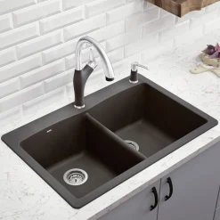 Blanco Diamond 33" Dual Mount Granite Composite Kitchen Sink, Silgranit, 50/50 Double Bowl, Cinder, 441466
