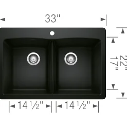 Blanco Diamond 33" Dual Mount Granite Composite Kitchen Sink, Silgranit, 50/50 Double Bowl, Coal Black, 442912