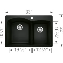 Blanco Diamond 33" Dual Mount Granite Composite Kitchen Sink, Silgranit, 60/40 Double Bowl, Coal Black, 442908