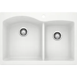 Blanco Diamond 33" Dual Mount Granite Composite Kitchen Sink, Silgranit, 60/40 Double Bowl, White, 440216