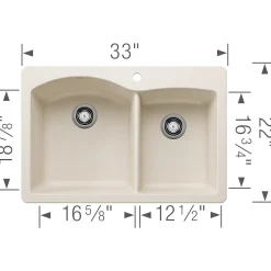 Blanco Diamond 33" Dual Mount Silgranit Kitchen Sink, 60/40 Double Bowl, Soft White, 1 Faucet Hole, 443063