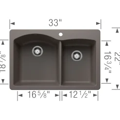 Blanco Diamond 33" Dual Mount Silgranit Kitchen Sink, 60/40 Double Bowl, Volcano Gray, 1 Faucet Hole, 443100