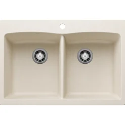 Blanco Diamond 33" Dual Mount Silgranit Kitchen Sink, 50/50 Double Bowl, Soft White, 1 Faucet Hole, 443067