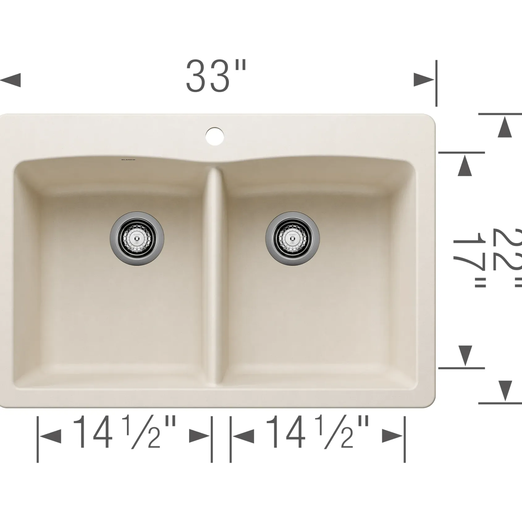 Blanco Diamond 33" Dual Mount Silgranit Kitchen Sink, 50/50 Double Bowl, Soft White, 1 Faucet Hole, 443067