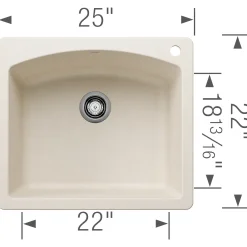 Blanco Diamond 25" Dual Mount Silgranit Kitchen Sink, Soft White, 1 Faucet Hole, 443060