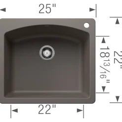 Blanco Diamond 25" Dual Mount Silgranit Kitchen Sink, Volcano Gray, 1 Faucet Hole, 443097