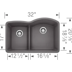 Blanco Diamond 32" Undermount Granite Composite Kitchen Sink, Silgranit, 40/60 Double Bowl, Cinder, 441600