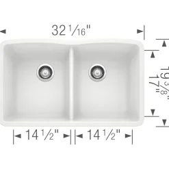 Blanco Diamond 32" Undermount Granite Composite Kitchen Sink, Silgranit, 50/50 Double Bowl, White, 440185