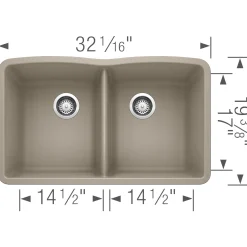 Blanco Diamond 32" Undermount Granite Composite Kitchen Sink, Silgranit, 50/50 Double Bowl, Truffle, 441286