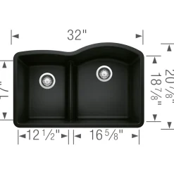 Blanco Diamond 32" Undermount Granite Composite Kitchen Sink, Silgranit, 40/60 Double Bowl, Coal Black, 442911