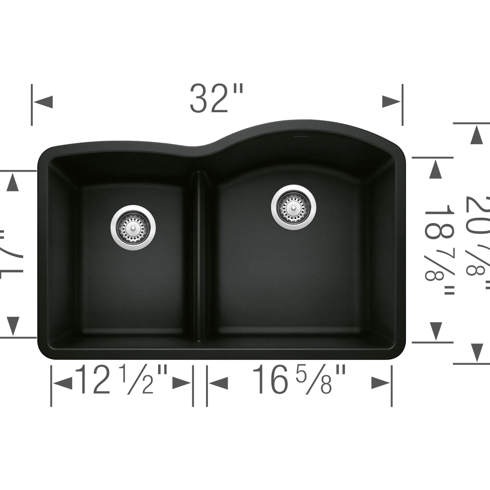 Blanco Diamond 32" Undermount Granite Composite Kitchen Sink, Silgranit, 40/60 Double Bowl, Coal Black, 442911