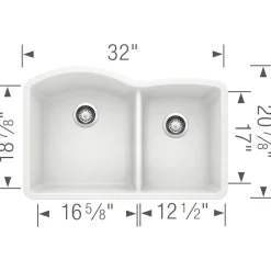 Blanco Diamond 32" Undermount Granite Composite Kitchen Sink, Silgranit, 60/40 Double Bowl, White, 440180