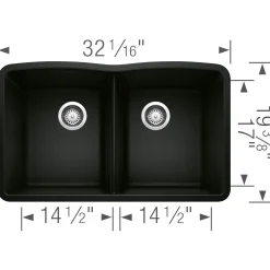 Blanco Diamond 32" Undermount Granite Composite Kitchen Sink, Silgranit, 50/50 Double Bowl, Coal Black, 442913