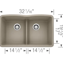 Blanco Diamond 32" Undermount Granite Composite Kitchen Sink, Silgranit, 50/50 Double Bowl, Truffle, 442072