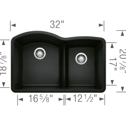 Blanco Diamond 32" Undermount Granite Composite Kitchen Sink, Silgranit, 60/40 Double Bowl, Coal Black, 442910